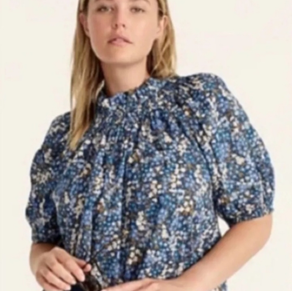 J. Crew Liberty Print Short Puff Sleeve Blue Floral Blouse Size XS Cottagecore
